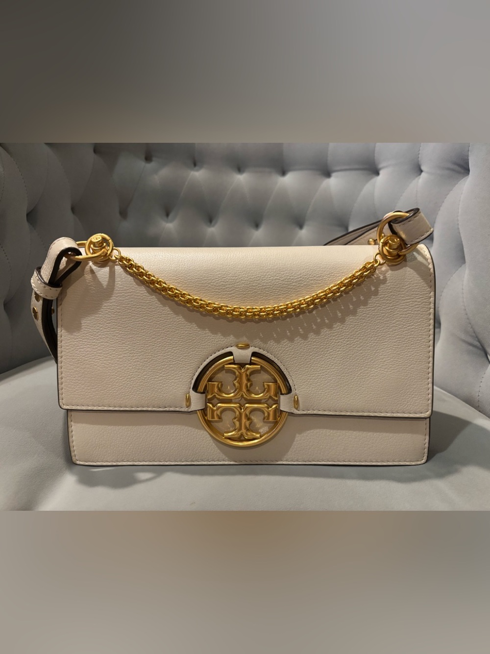 Tory Burch Cream Leather Shoulder Bag with Gold Hardware